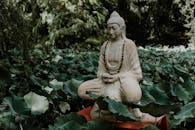 A tranquil Buddha statue surrounded by lush green lotus leaves in a garden, symbolizing peace and serenity.